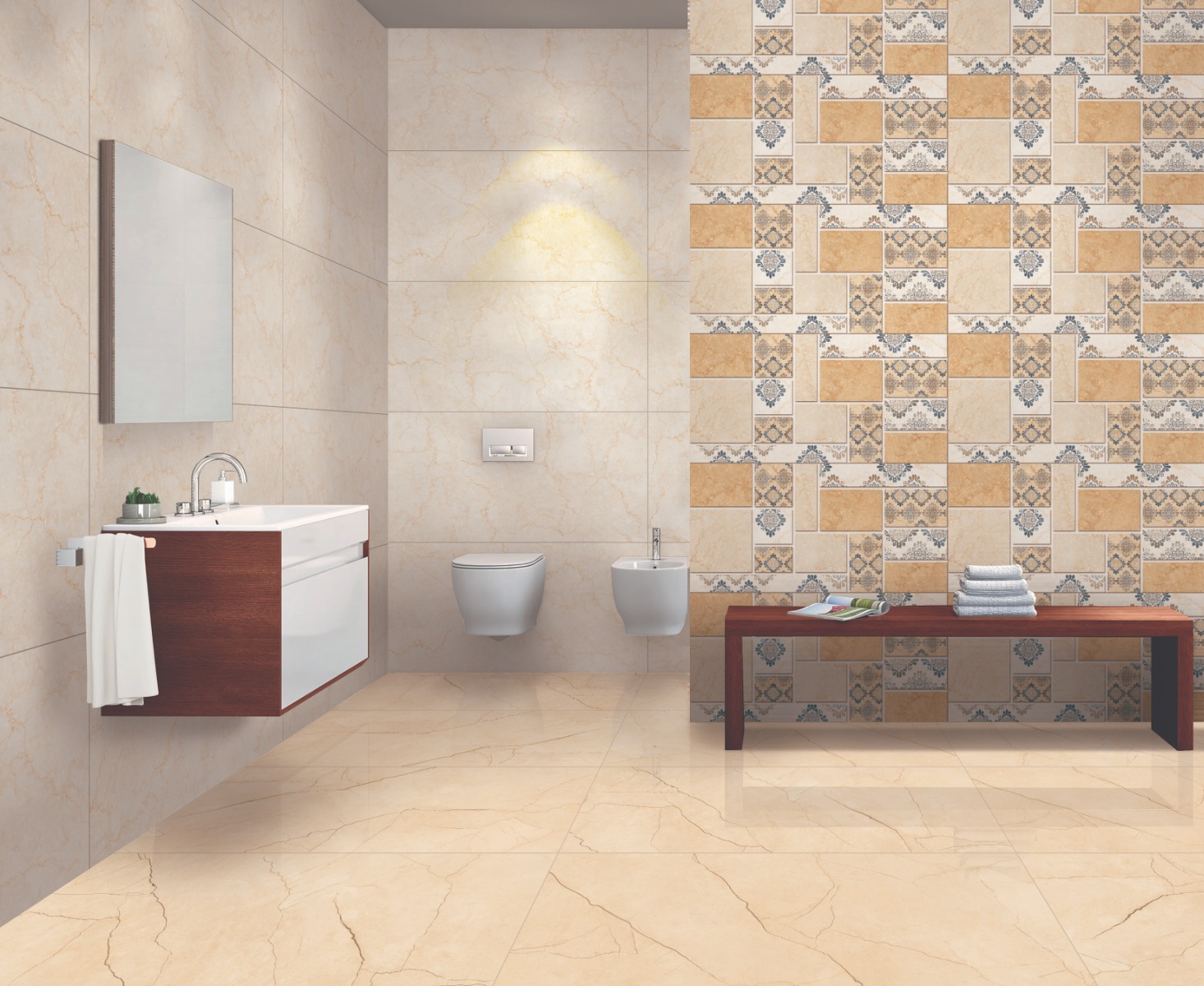 Glossy Finish Decor Bottocino Flora Beige Glazed Vitrified Tiles 600x1200 mm