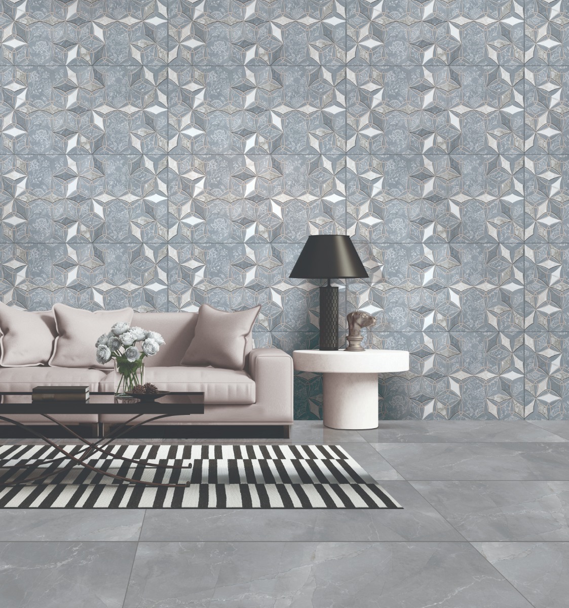 Glossy Finish Decor Geometric Floral Grey Glazed Vitrified Tiles 600x1200 mm
