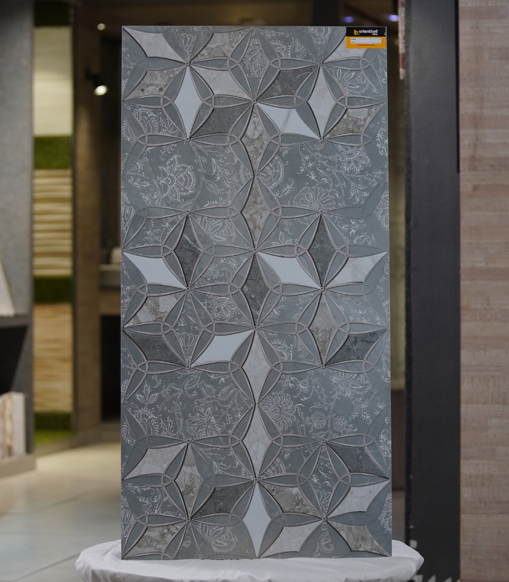 Glossy Finish Decor Geometric Floral Grey Glazed Vitrified Tiles 600x1200 mm