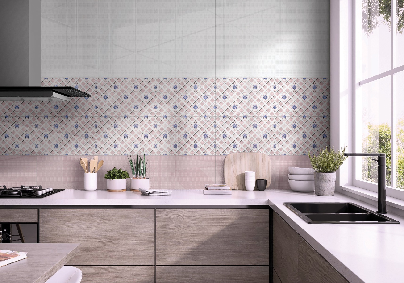 Glossy Finish GFT SPB Floral Grid Pink Ceramic tile 300x450 mm