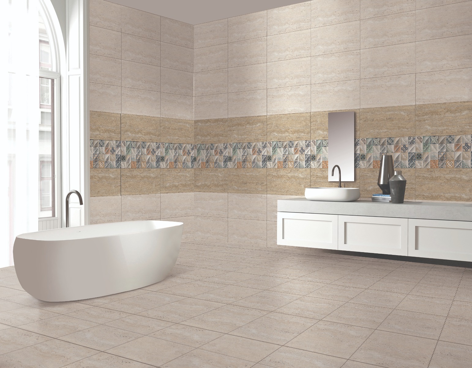 Glossy Finish ODG Real Travertine Beige Lt   Ceramic tile 300x600 mm