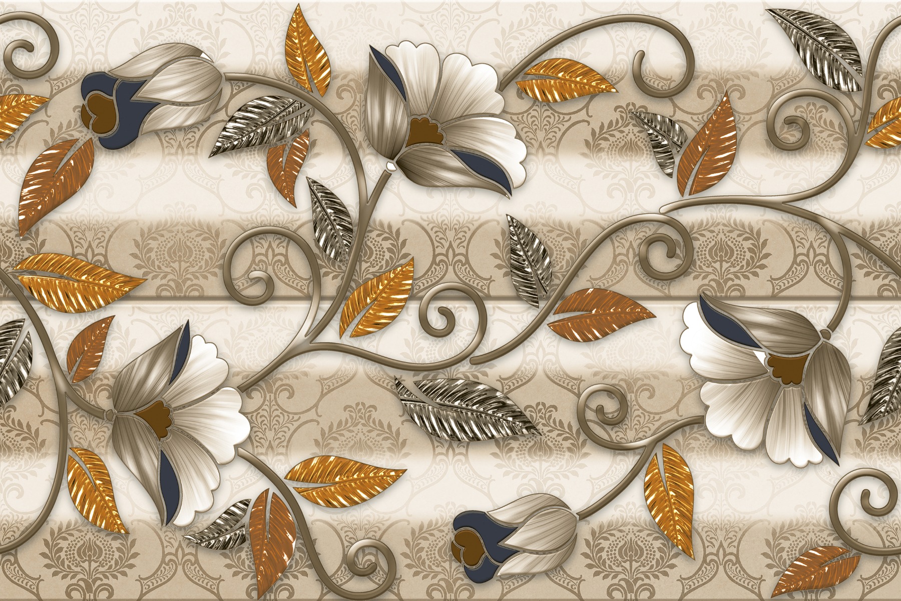 Glossy Finish OHG Damask Flower Leaf HL Ceramic tile 300x450 mm