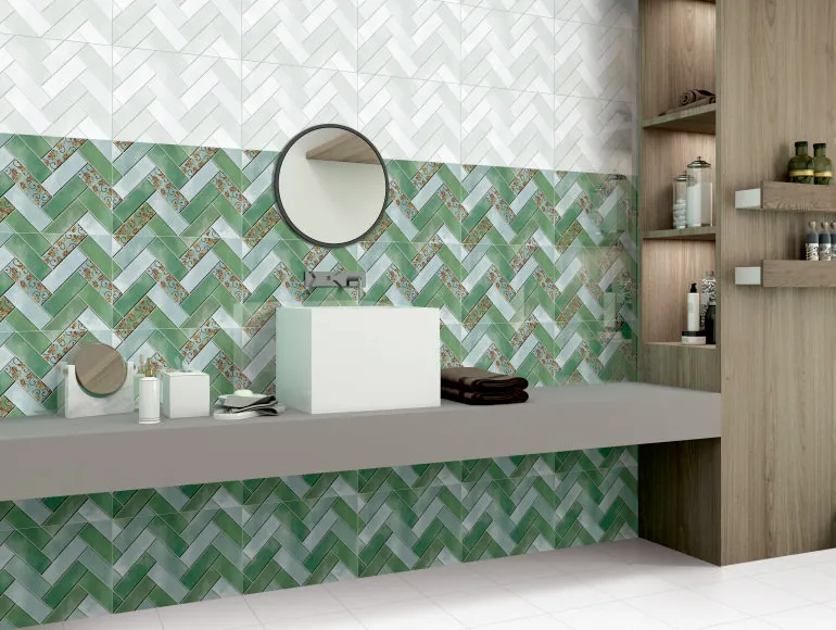 Glossy Finish ODG Green LT Herringbone Ceramic tile 300x450 mm
