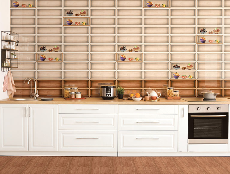 Glossy Finish ODG Creama Kitchen Niche Wood Ceramic tile 300x450 mm