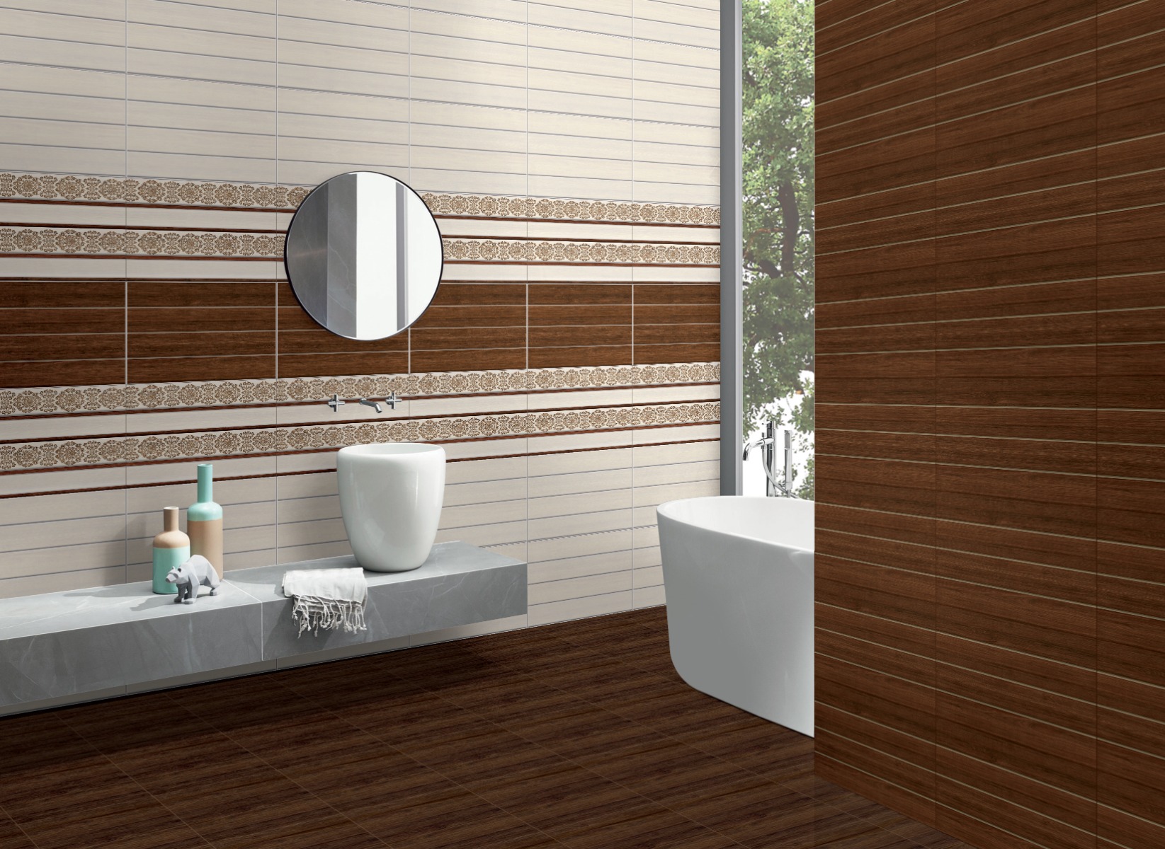 Glossy Finish ODG Walnut Strip Wood Brown Ceramic tile 300x450 mm
