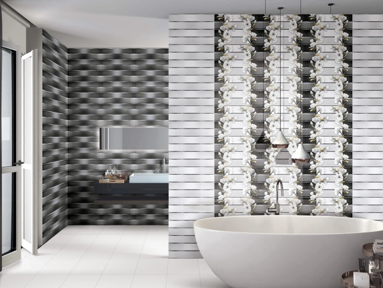 Glossy Finish OHG White Flower Strips HL Ceramic tile 300x450 mm