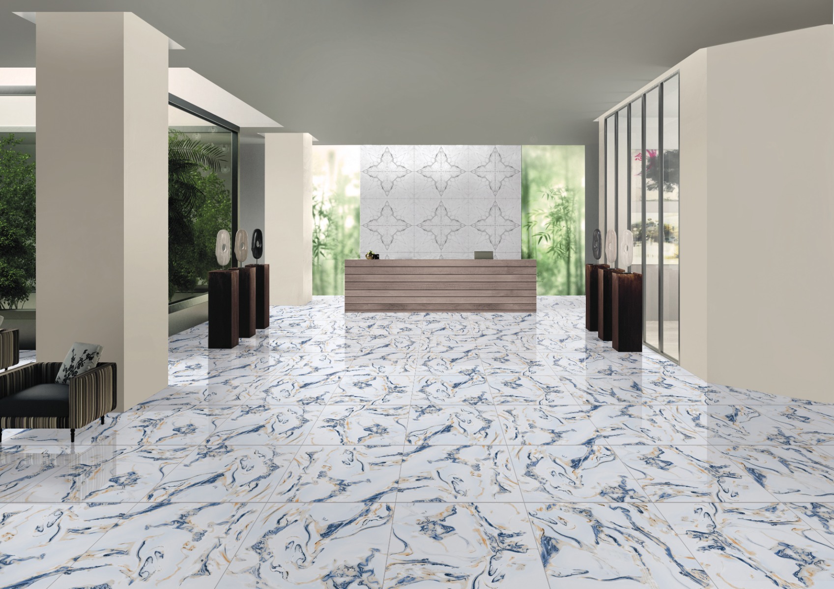 Glossy Finish PCG Swan Marble Blue Glazed Vitrified Tiles 600x600 mm