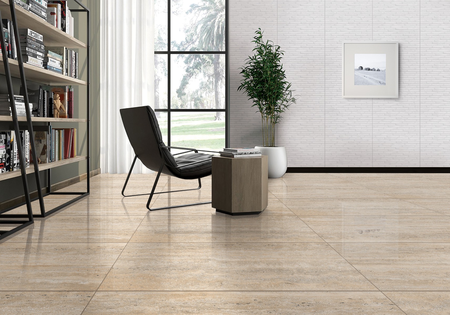 Glossy Finish PGVT Real Travertine Beige  Vitrified tile 600x1200 mm