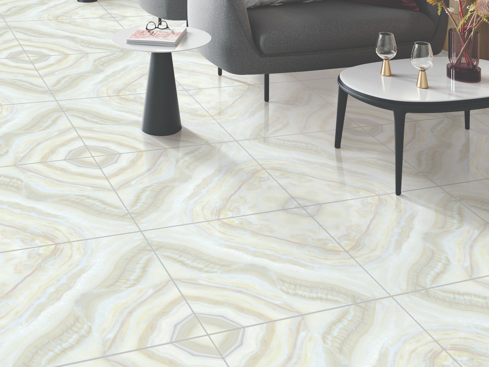 Glossy Finish PGVT Sky Onyx Multi BM Vitrified tile 600x600 mm