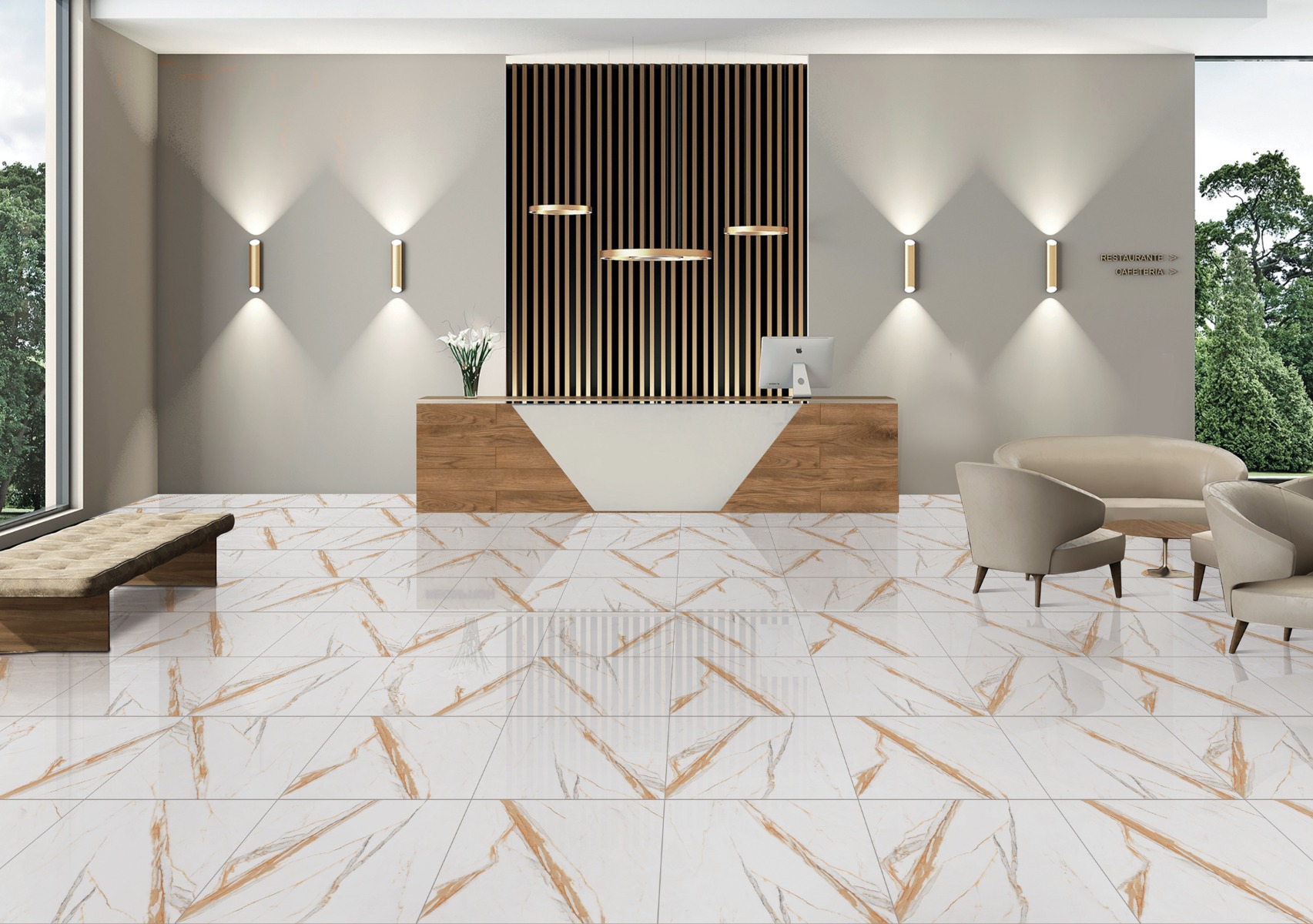 Glossy Finish PGVT Statuario Marble Gold Glazed Vitrified Tiles 600x600 mm