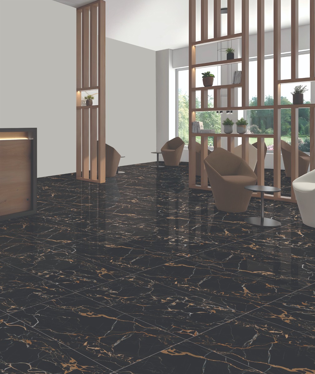 Super Glossy Finish DR Super Gloss Portoro Gold Marble Glazed Vitrified Tiles 600x1200 mm