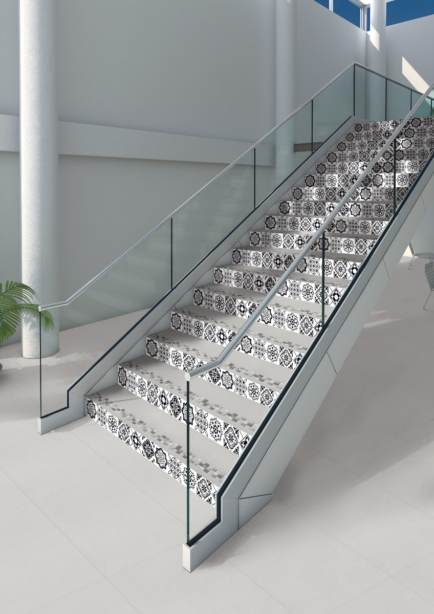 Matte Finish Riser Moroccan Art Black White Glazed Vitrified Tiles 200x1200 mm