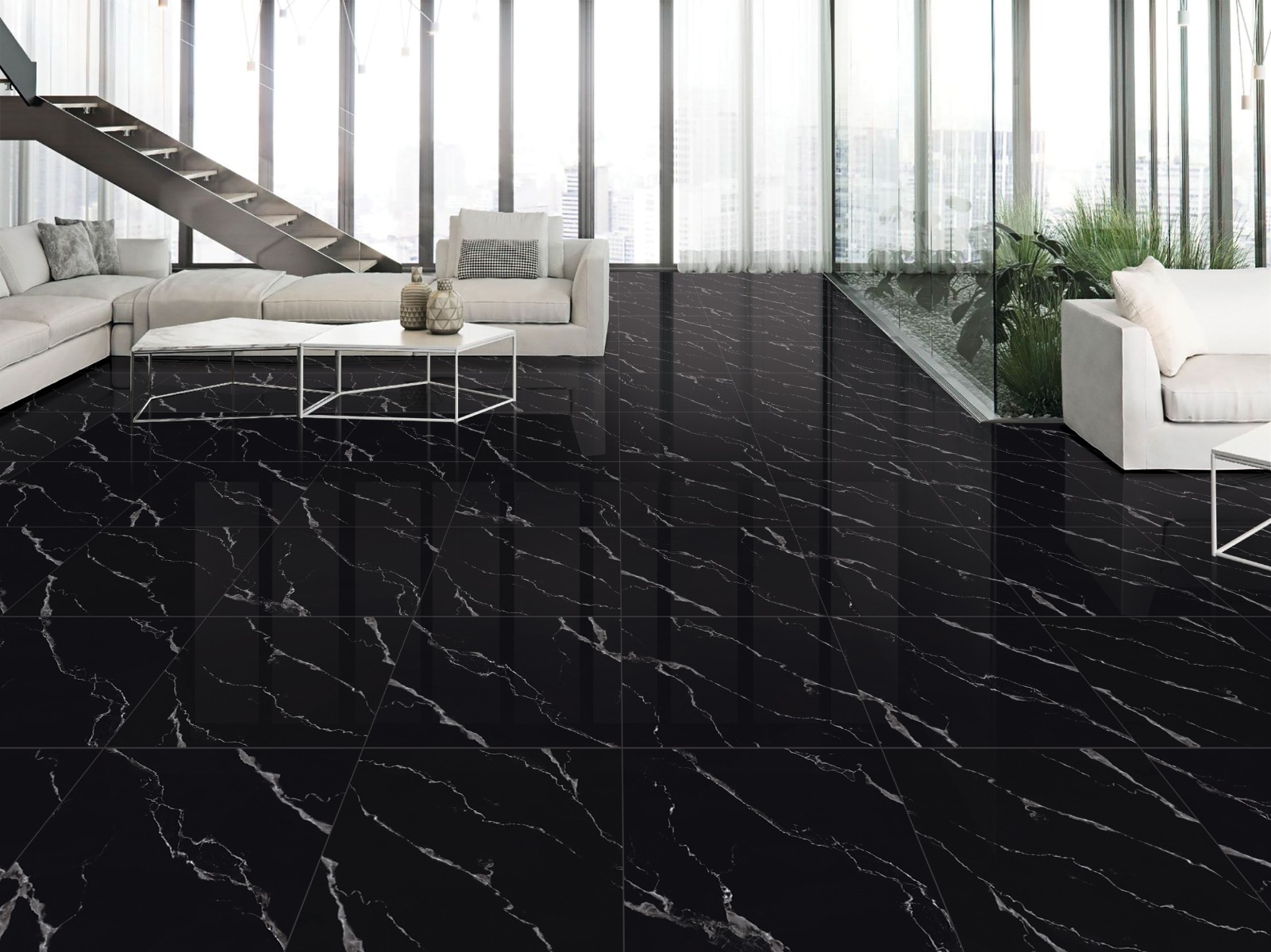 Super Glossy Finish Super Gloss Belgium Black Marble Glazed Vitrified Tiles 600x600 mm