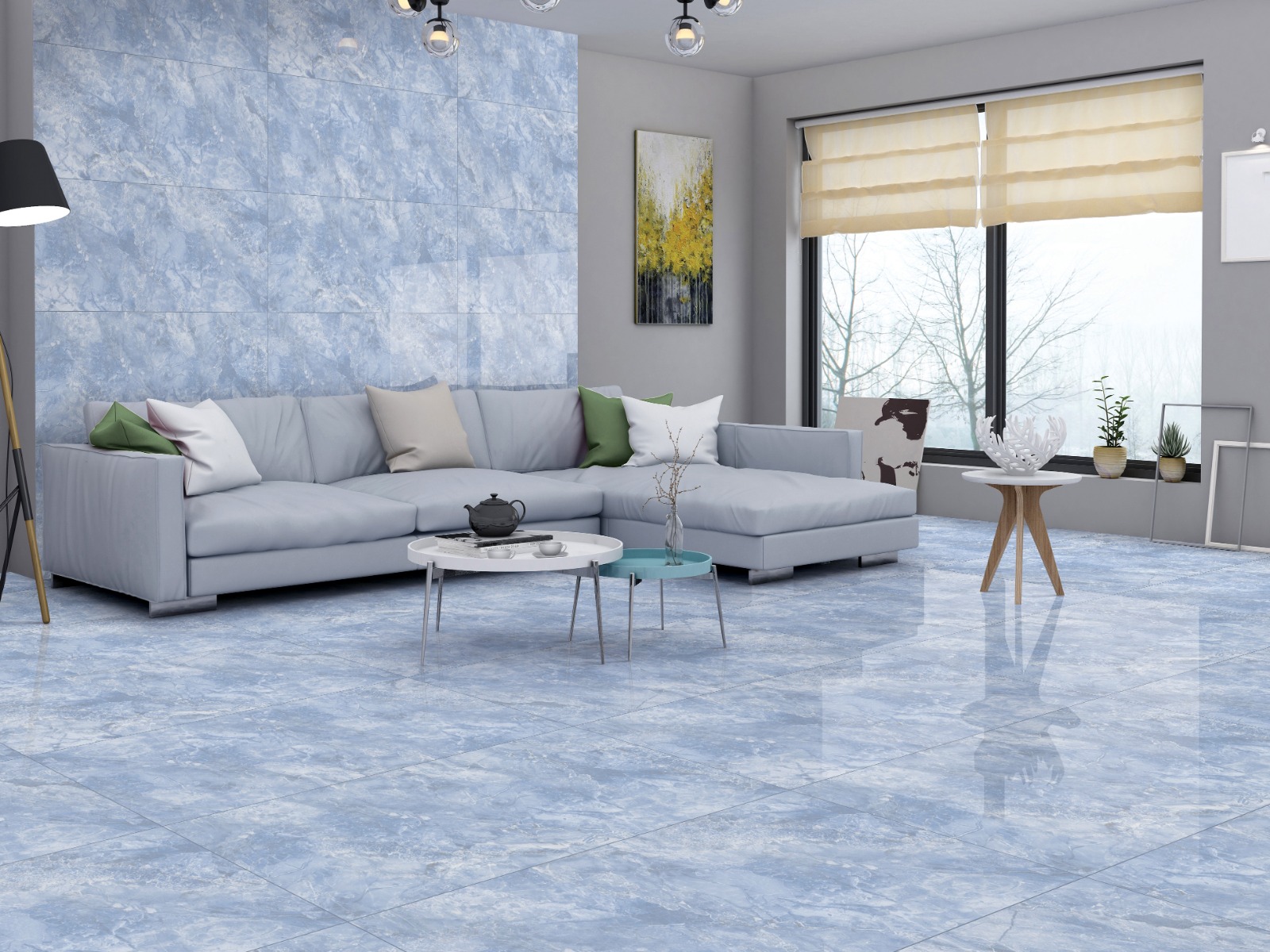 Super Glossy Finish Super Gloss Blue Marble Stone LT Glazed Vitrified Tiles 600x1200 mm