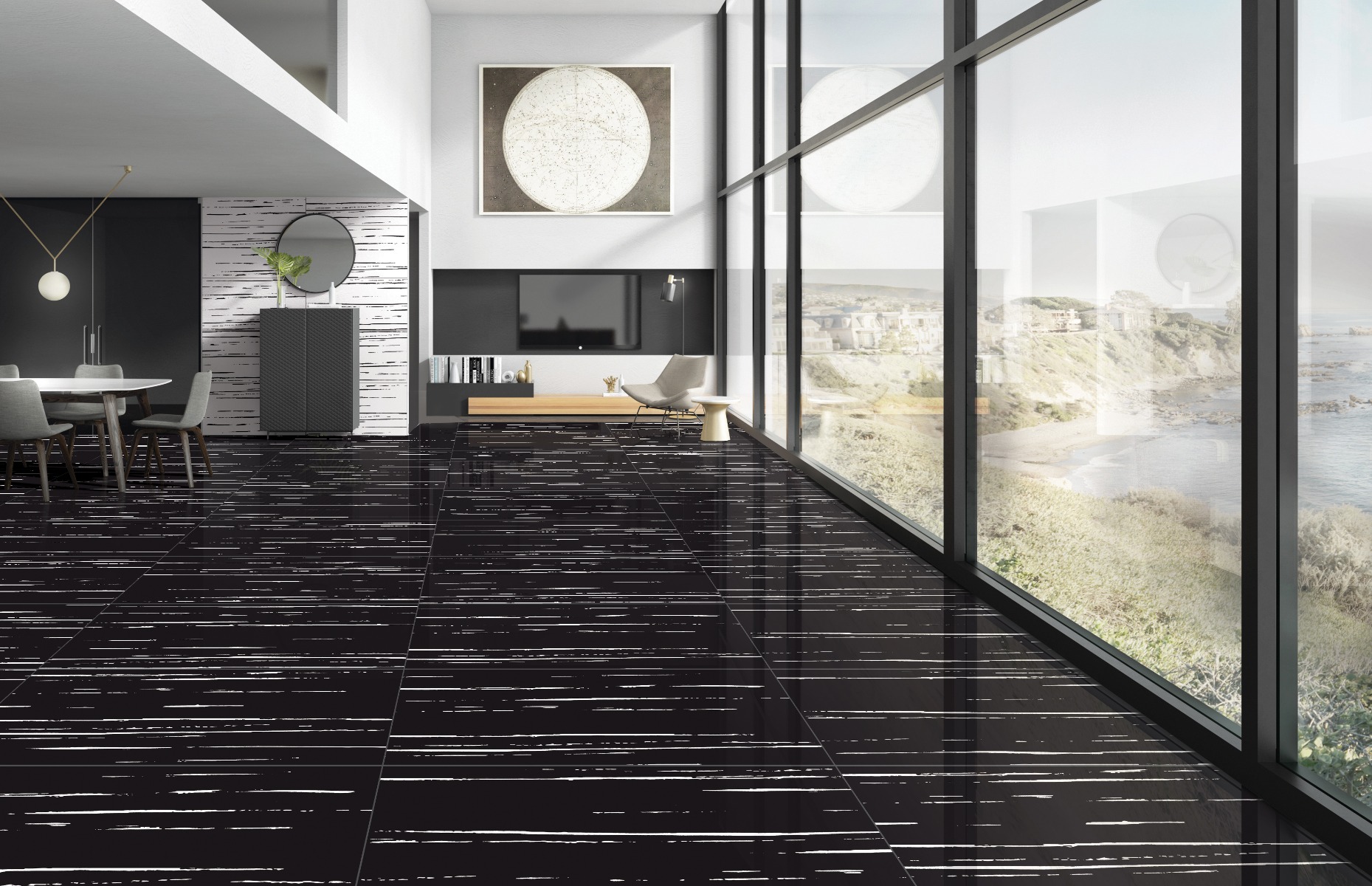 Glossy Finish PGVT Black Strips Super White  Vitrified tile 600x1200 mm
