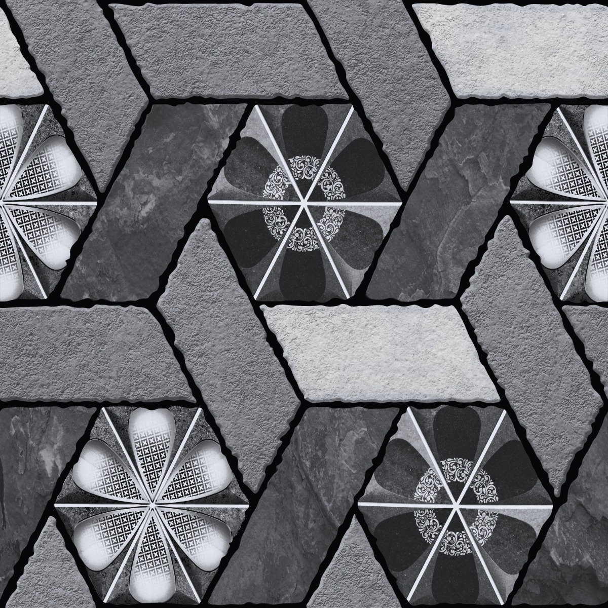 Matte Finish TL Grey Multi Hexa Brick Floral Ceramic tile 400x400 mm